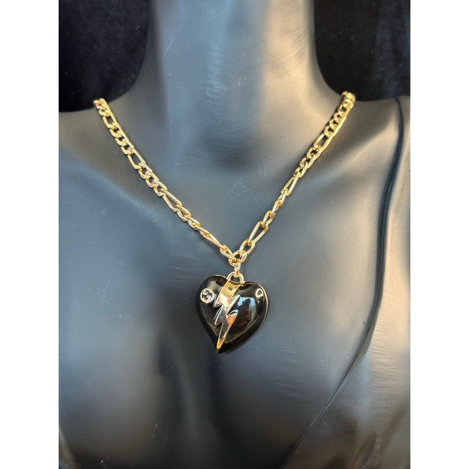 Black Heart Lightning Statement Necklace – Gold Tone Chain | Upcycled Repurposed with GG Charm | One-of-One